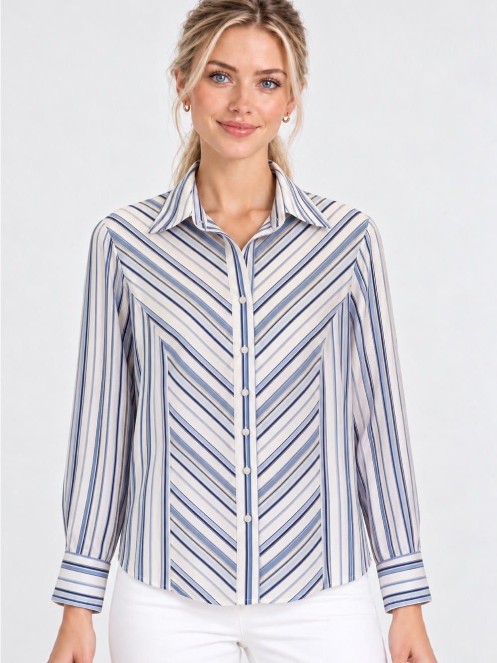 East 5th Blue White Striped Button Down Stretch Blouse Size S